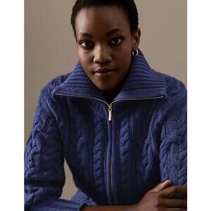 Marks And Spencer Autograph Wool Cable Knit Cardigan Sweater Womens 14 Navy Blue